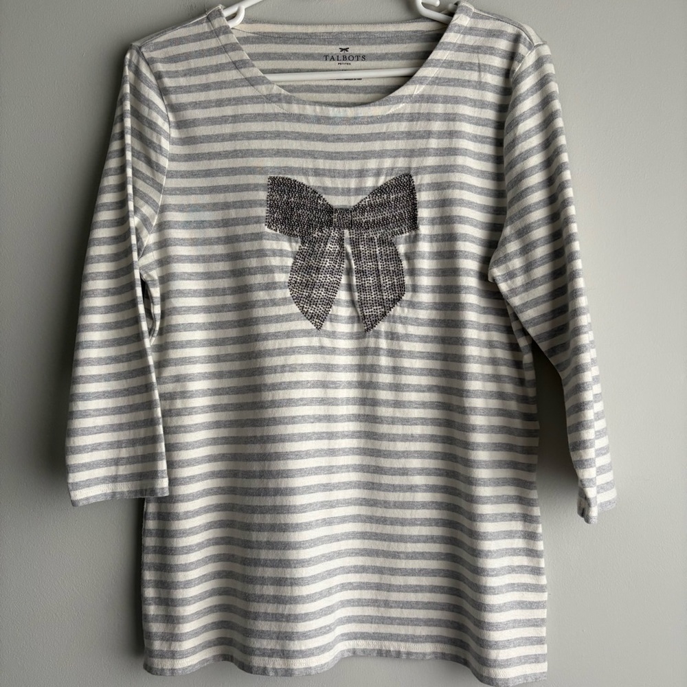 Talbots Petites LP Striped 100% Cotton Top with Beaded Bow Detail